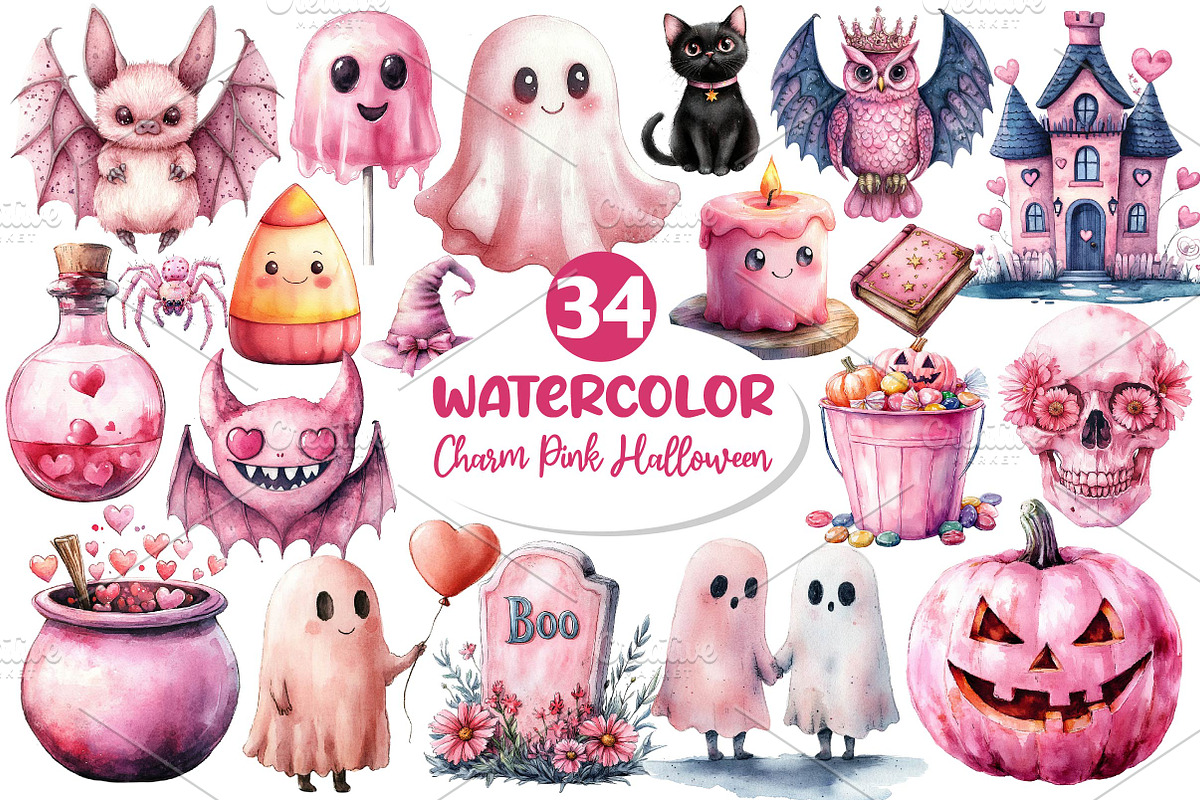 Charm Pink Halloween Clipart, an Illustration by Dream Creation (Photo 1 of 4)
