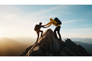 Two hikers, silhouetted against a, a Sports & Recreation Photo by Sergey Kotenev