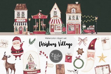 Christmas Village watercolor set, a Decorative Illustration by Estudio 812