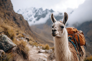 Llama carrying a backpack on a scenic mountain trail with snow-capped peaks in, an Animal Photo by AlyaAnd
