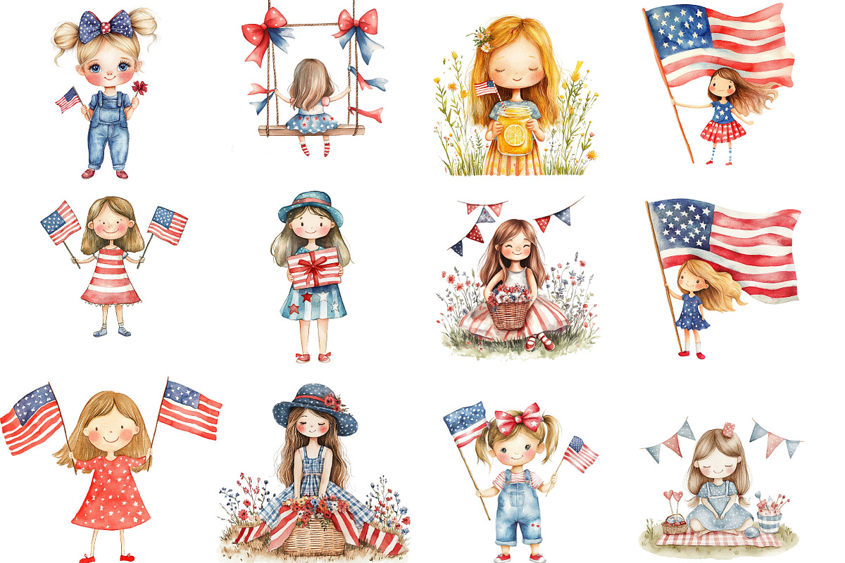 Watercolor 4th of July Girl Clipart, a Seasonal Illustration by Designking (Photo 2 of 5)