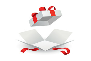 Open gift box with red ribbon