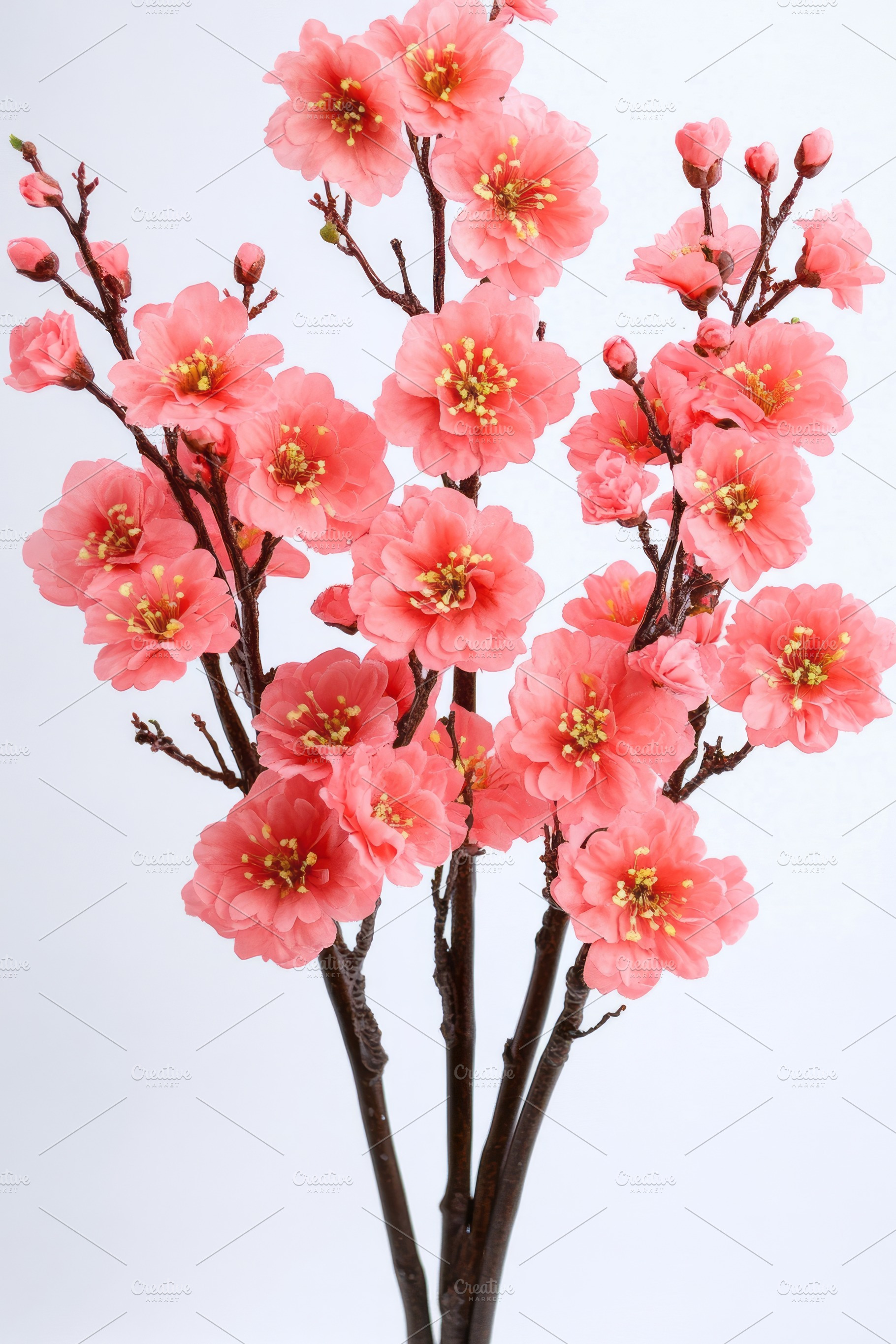 A vibrant arrangement of pink cherry blossom flowers against a white background, a Background Photo by ImageMir