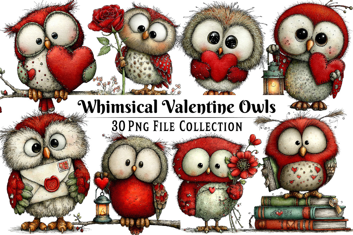 Whimsical Valentine's Owls Clipart, an Illustration by Dream Creation (Photo 1 of 6)