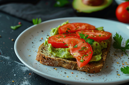 Toast bread with avocado puree and tomatoes. Vegetarian food., a Food & Drink Photo by AlyaAnd