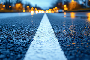 Close-up of a wet road with a white lane line, accentuated by shimmering reflec, a Background Photo by ImageMir