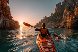 Kayaking at Sunset Coastal Rocks Adv, a Photo by Pixeness Studio