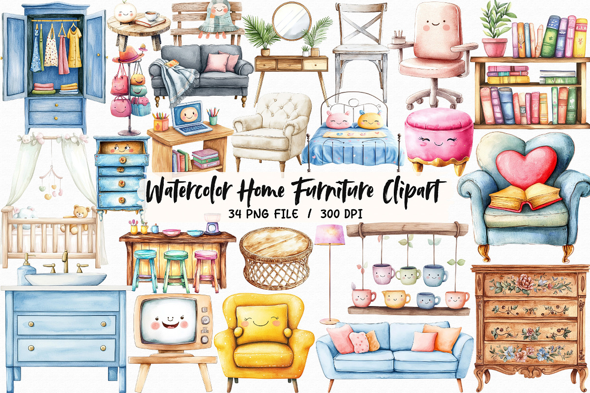 Watercolor Home Furniture Clipart, an Illustration by Libby Wishes (Photo 1 of 7)
