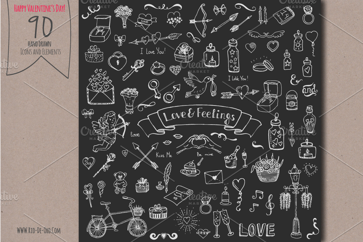 90 Hand drawn Love Elements&Symbols preview 5