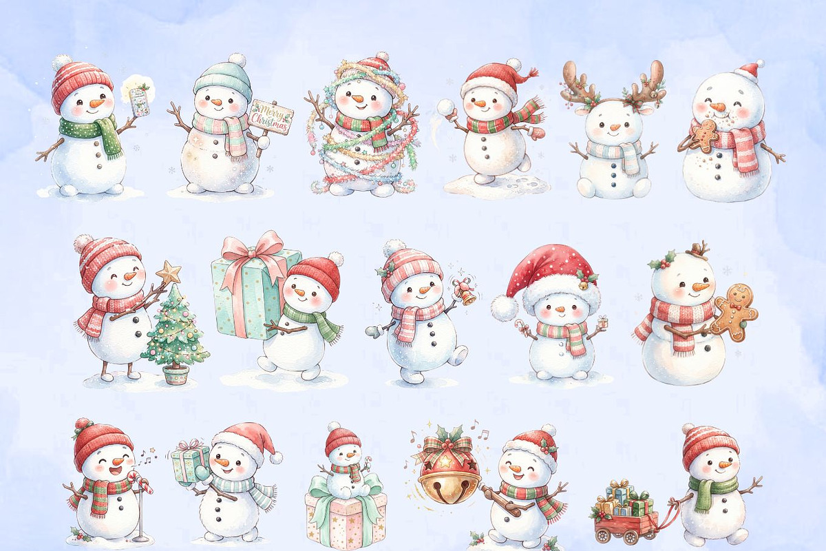 Christmas Snowman Clipart Bundle, a Decorative Illustration by Arslan (Photo 2 of 8)