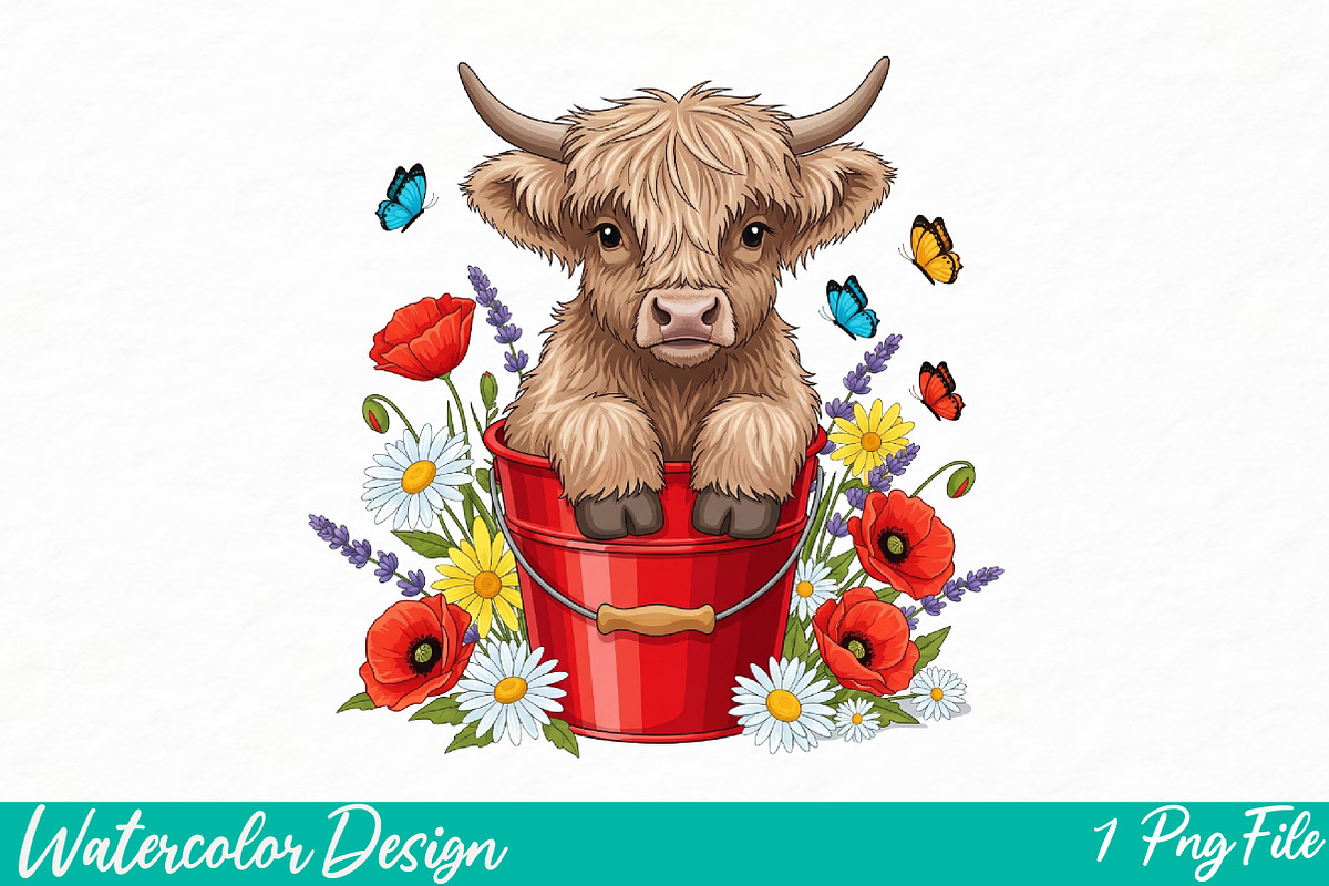 Highland Cow In A Bucket PNG, an Illustration by Watercolor design (Photo 1 of 3)