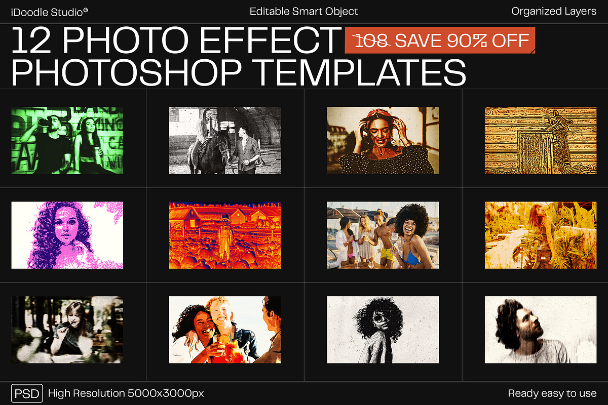 12 Photo Effect Templates, a Layer Style Add-On by iDoodle Studio