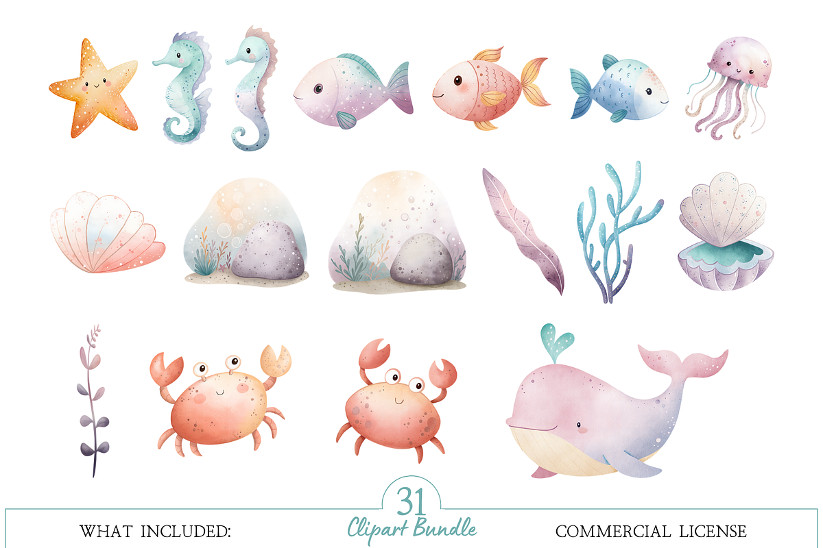 Watercolor Mermaid Clipart Bundle, an Illustration by MockupWizard (Photo 3 of 4)