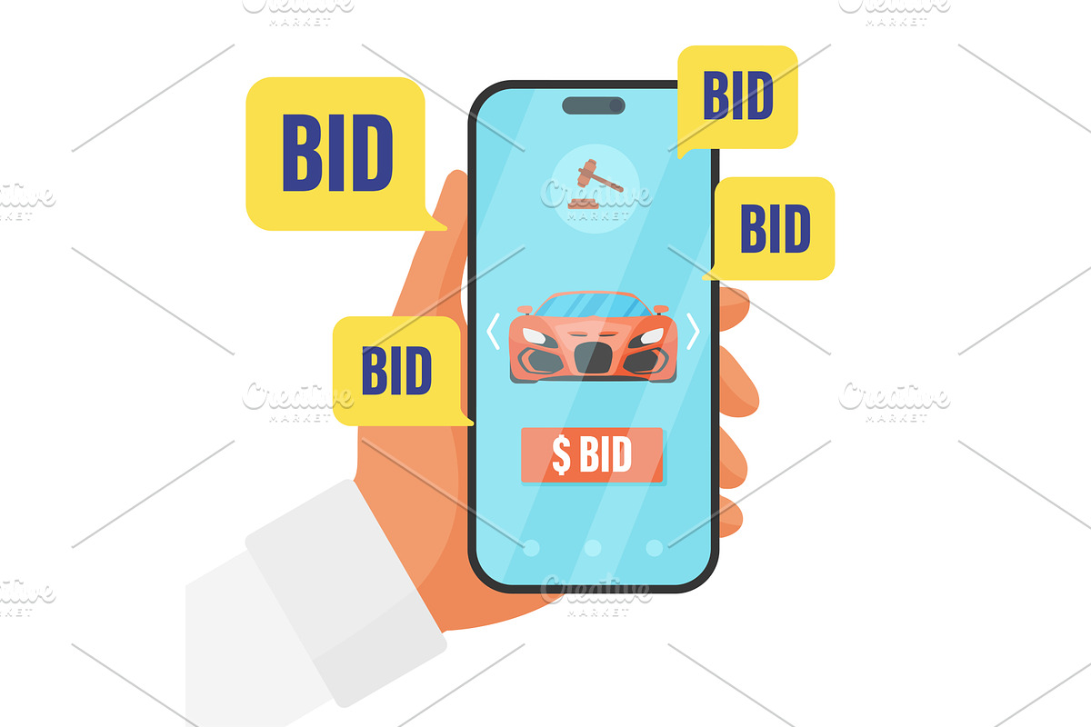 Online auction for car sale in phone, an Illustration by Lemberg Vector