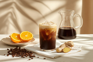 Coffee with ginger and orange slices, a Photo by Beautiful things