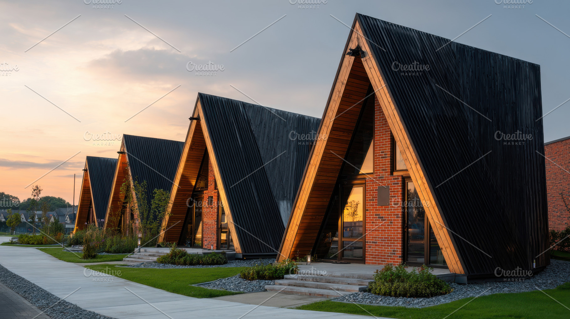 Sunset cabins in a community, a Photo by Beautiful things
