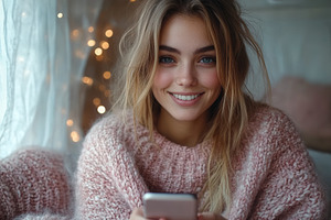 Young woman smiling while using smar, a Photo by Tanuart