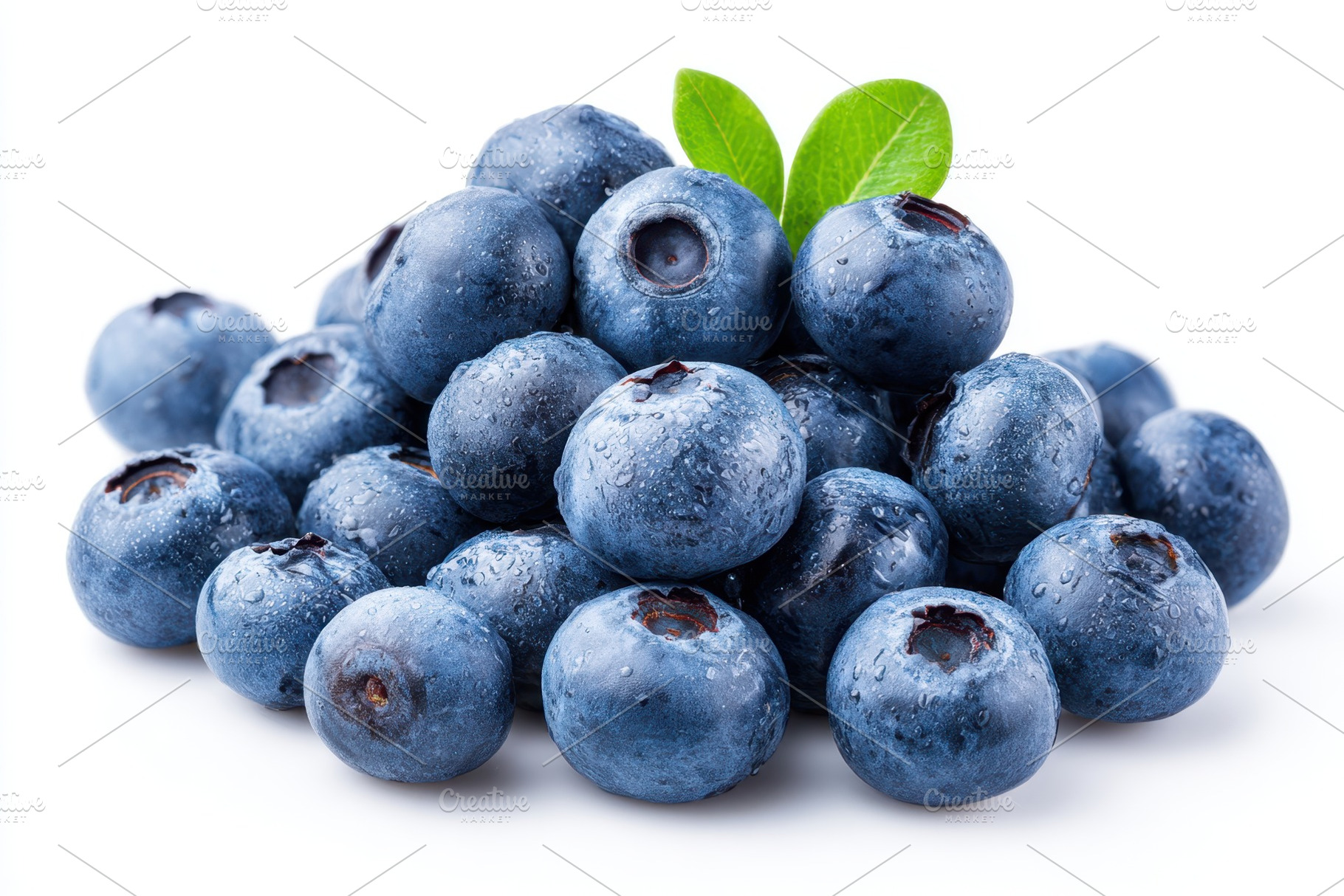 Fresh blueberries with leaves on white background, a Food & Drink Photo by AlyaAnd