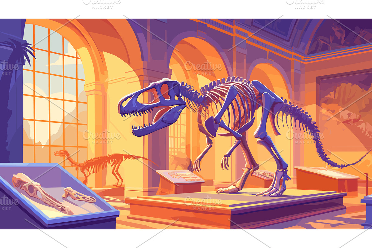 dinosaur skeleton museum background, an Animal Illustration by Stock-Smart-Start