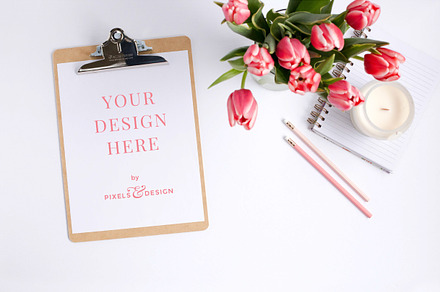 Clipboard mockup with pink tulips containing styled stock photography