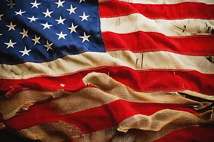 Worn american flag with frayed edges and faded colors, a Background Photo by GoodGoods