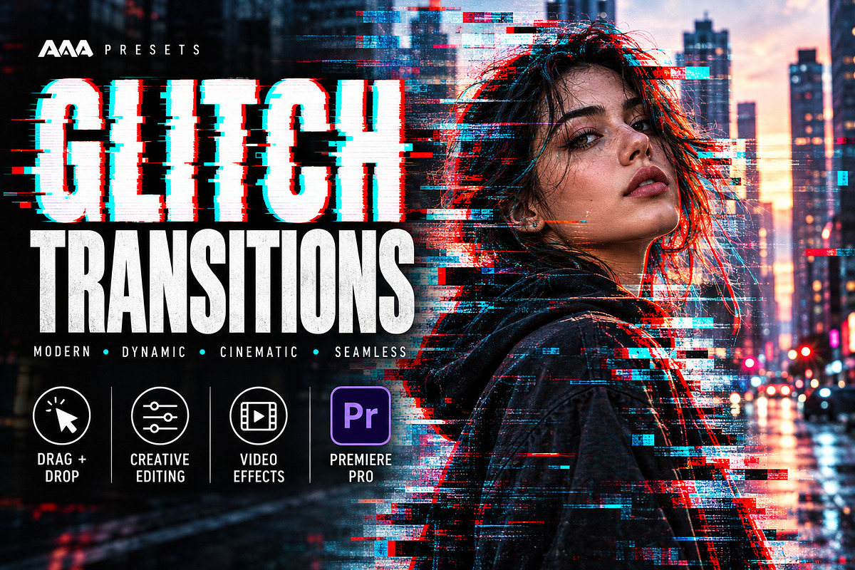 Glitch Transitions for Premiere Pro, a Plug-in Add-On by AAA Presets (Photo 1 of 3)