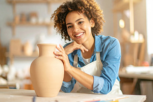 Smiling Young Woman Crafting Clay Vase, an Arts & Entertainment Photo by Davizro's Market