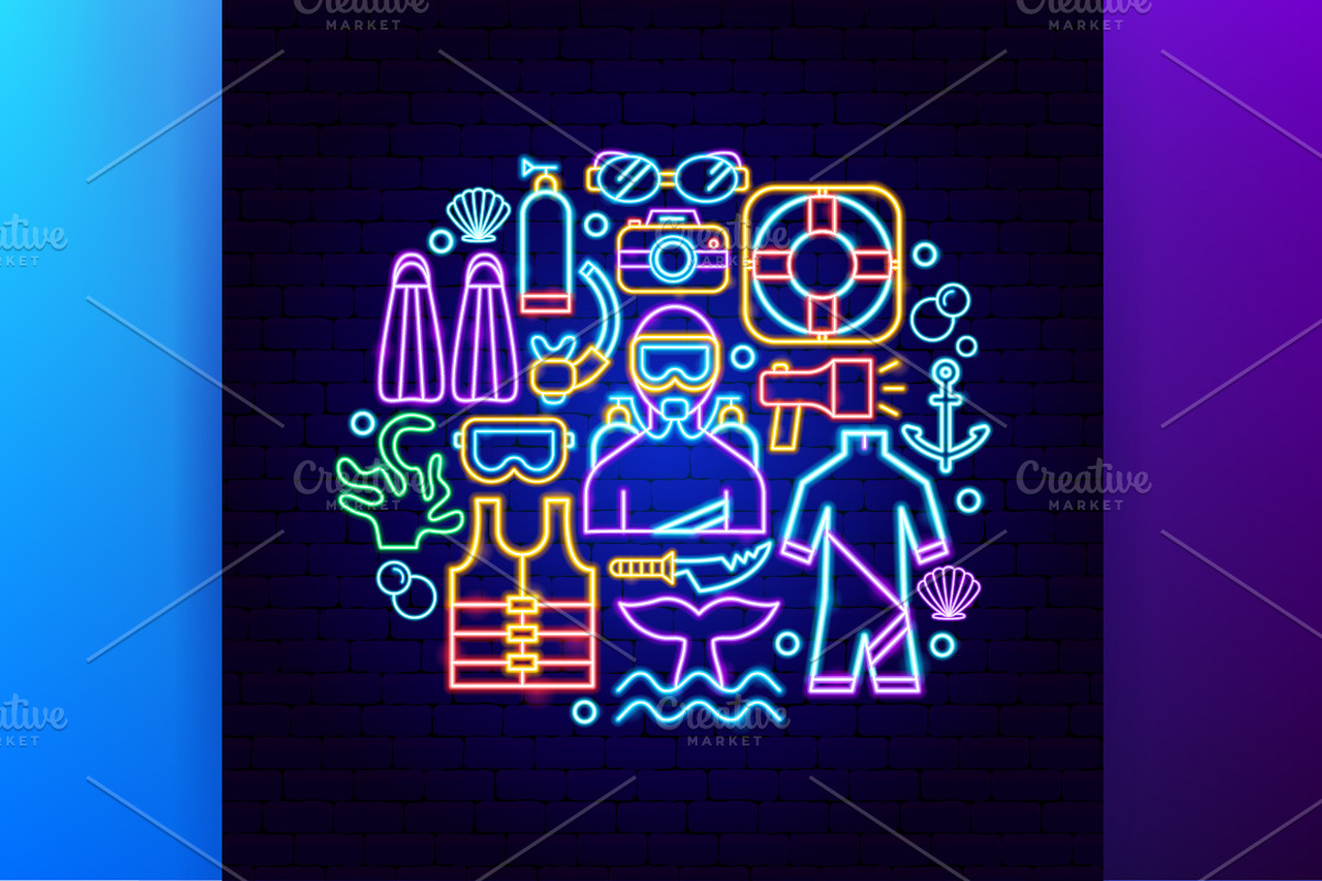 Scuba Diving Neon Vector Icons, an Outline Icon by Anna_leni (Photo 5 of 9)