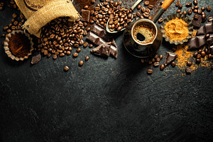 Coffee beans with props for making c stock photo containing coffee and