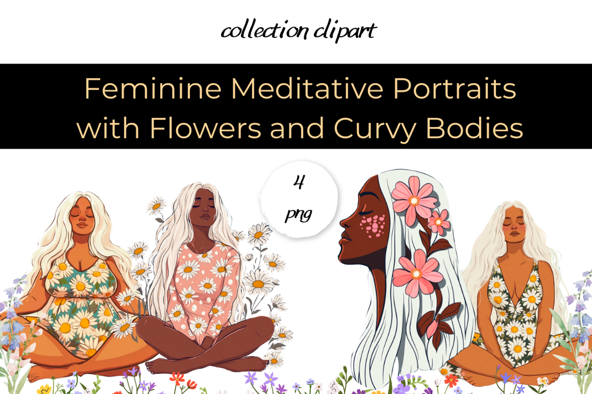 Feminine Meditative Portraits –4 PNG, a Decorative Illustration by InkyQueenArt (Photo 1 of 4)