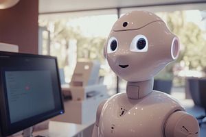 Friendly humanoid robot assisting cu, a Photo by Tanuart