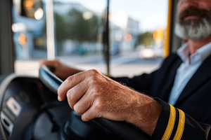Close-up of an elderly male bus driver gripping the steering wheel, showcasing, a Person Photo by ImageMir