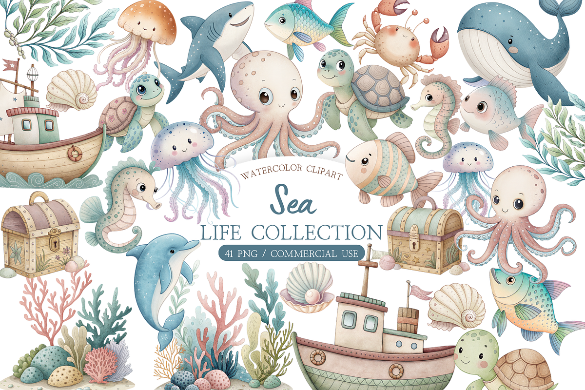 Watercolor Cute Sea Animals Clipart, an Illustration by MockupWizard (Photo 1 of 6)