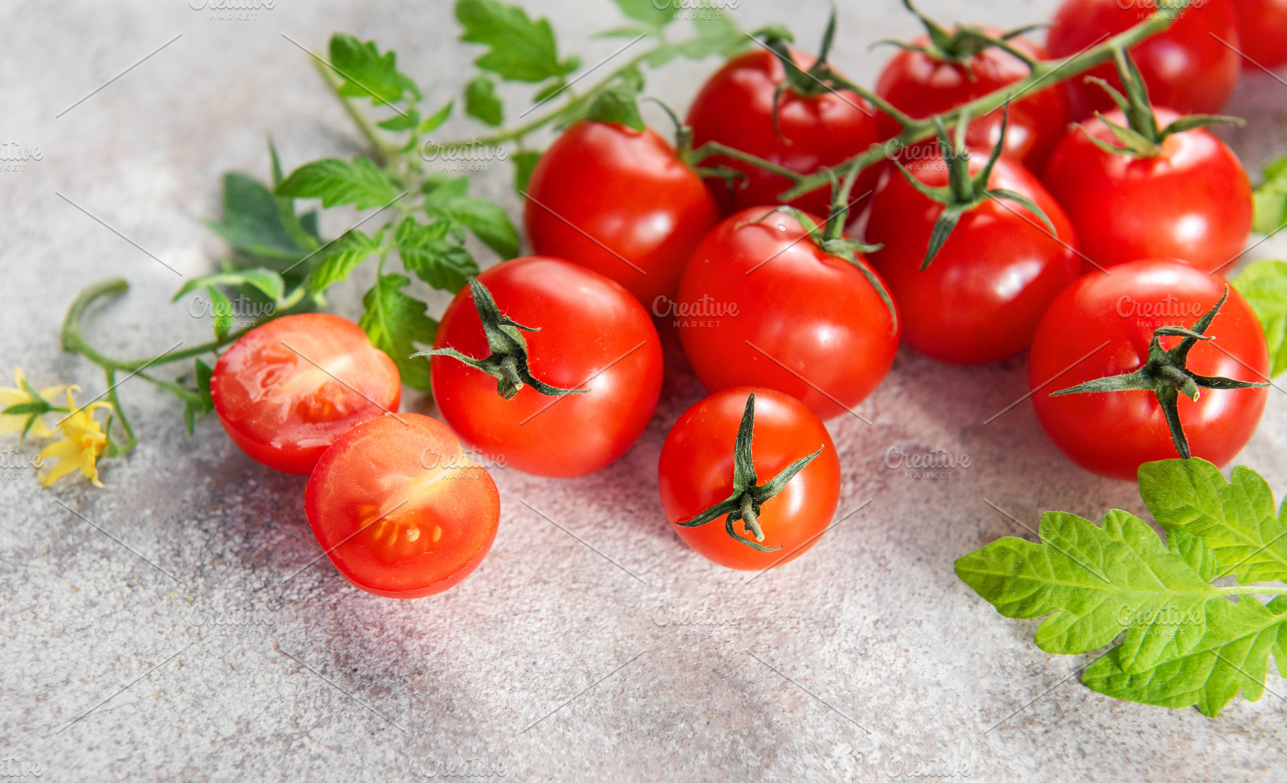 Fresh ripe red cherry tomatoes on vine producing healthy vegetab, a Food & Drink Photo by Olena Rudo