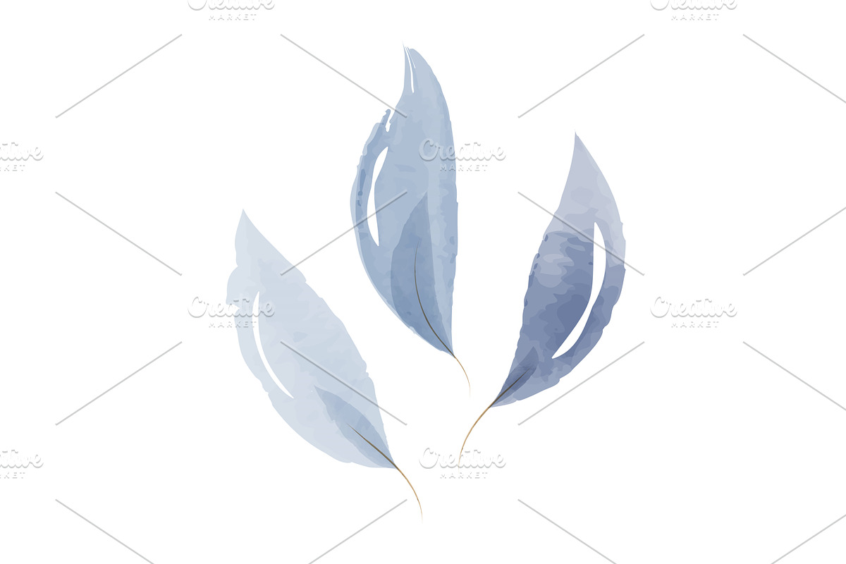 Pale blue watercolor leaves set with, an Illustration by okskukuruza