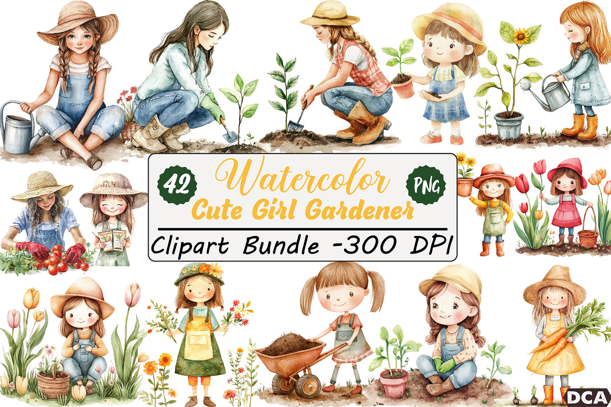Cute Girl Gardener Cliparts, an Illustration by DreamCafeArt (Photo 1 of 9)