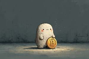Cute cartoon creature holding a bitcoin coin in a dimly lit room symbolizing cr, a Photo by AS photostudio