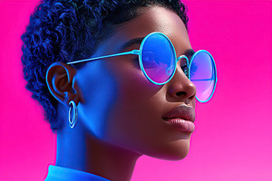 Stylish woman in round sunglasses against a vibrant pink background during a su, a Person Photo by AlyaAnd