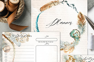 Planner With Feathers, Boho Style