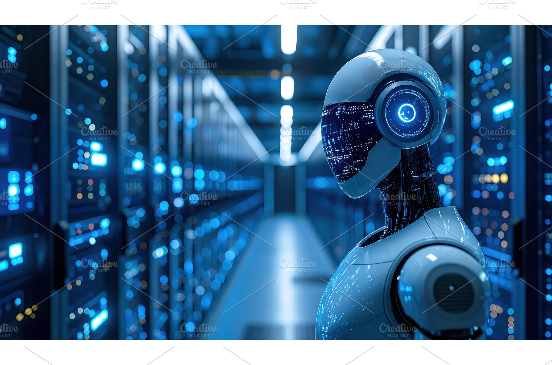 A humanoid robot in a glowing server, a Technology Photo by Igor Tichonow