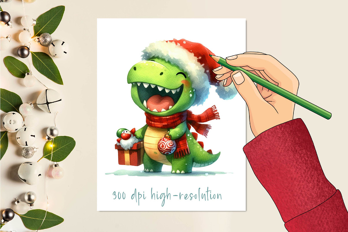 Christmas Funny Dinosaur Clipart, an Illustration by CreationArt (Photo 2 of 6)