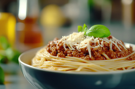 Spaghetti bolognese with ground beef in plate, a Food & Drink Photo by AlyaAnd
