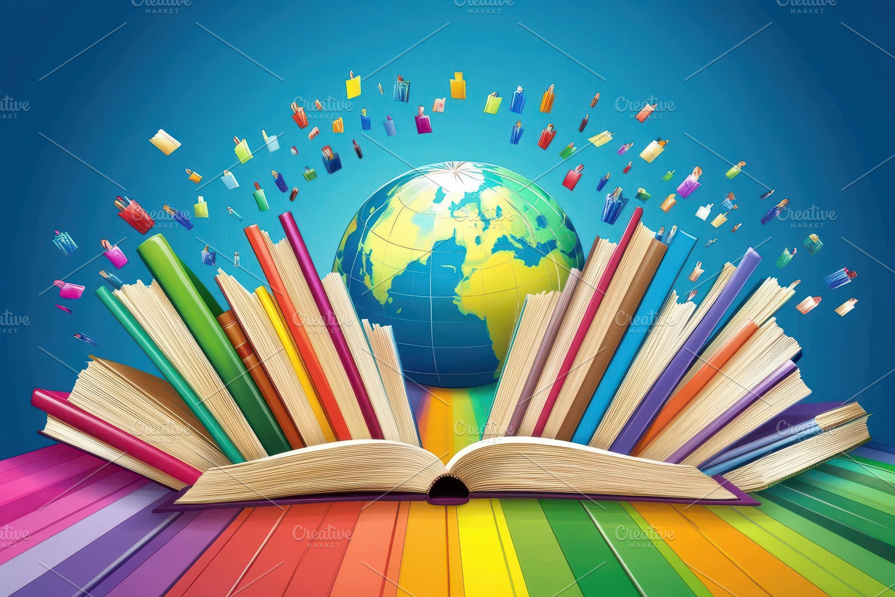 Colorful open books surround a globe, a Photo by Tanuart