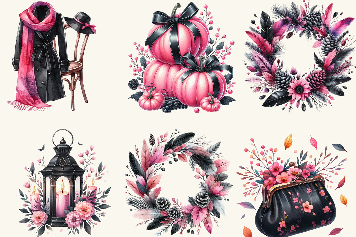 Pink and Black Autumn Clipart, a Work Illustration by cherrydesign (Photo 2 of 3)