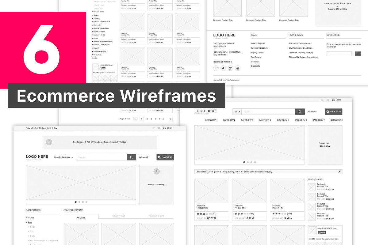 6 Ecommerce Wireframes, a Wireframe Template by Spovv
