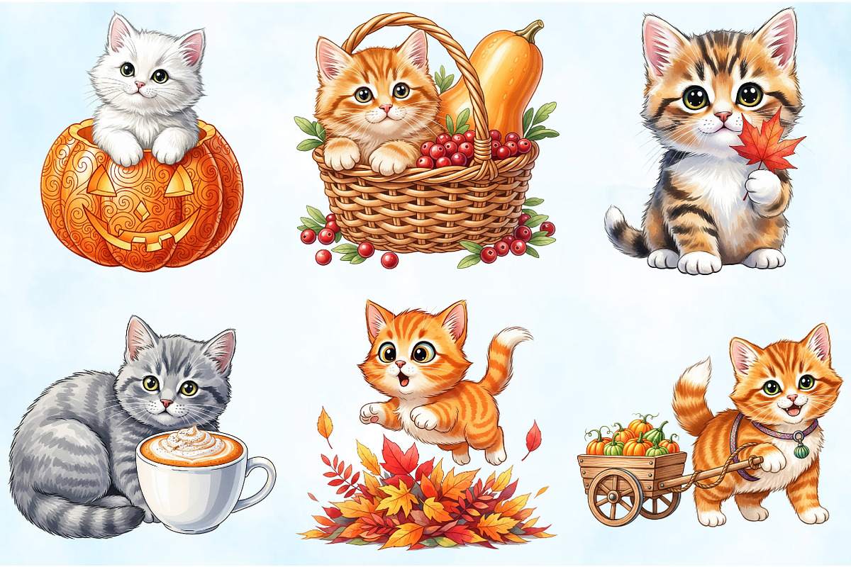 Watercolor Autumn Kitten Clipart, an Illustration by Craft Nest (Photo 5 of 6)