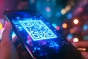 Hand holding a smartphone with qr, a Technology Photo by DanFLCreativo