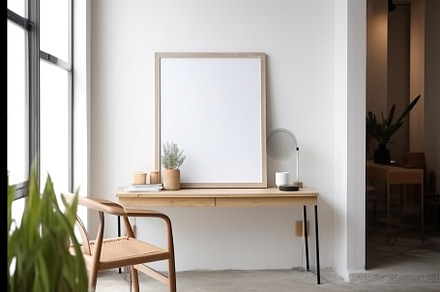Blank print frame mockup with plants and decor on light backgrou, a Photo by Dvoevnore photos
