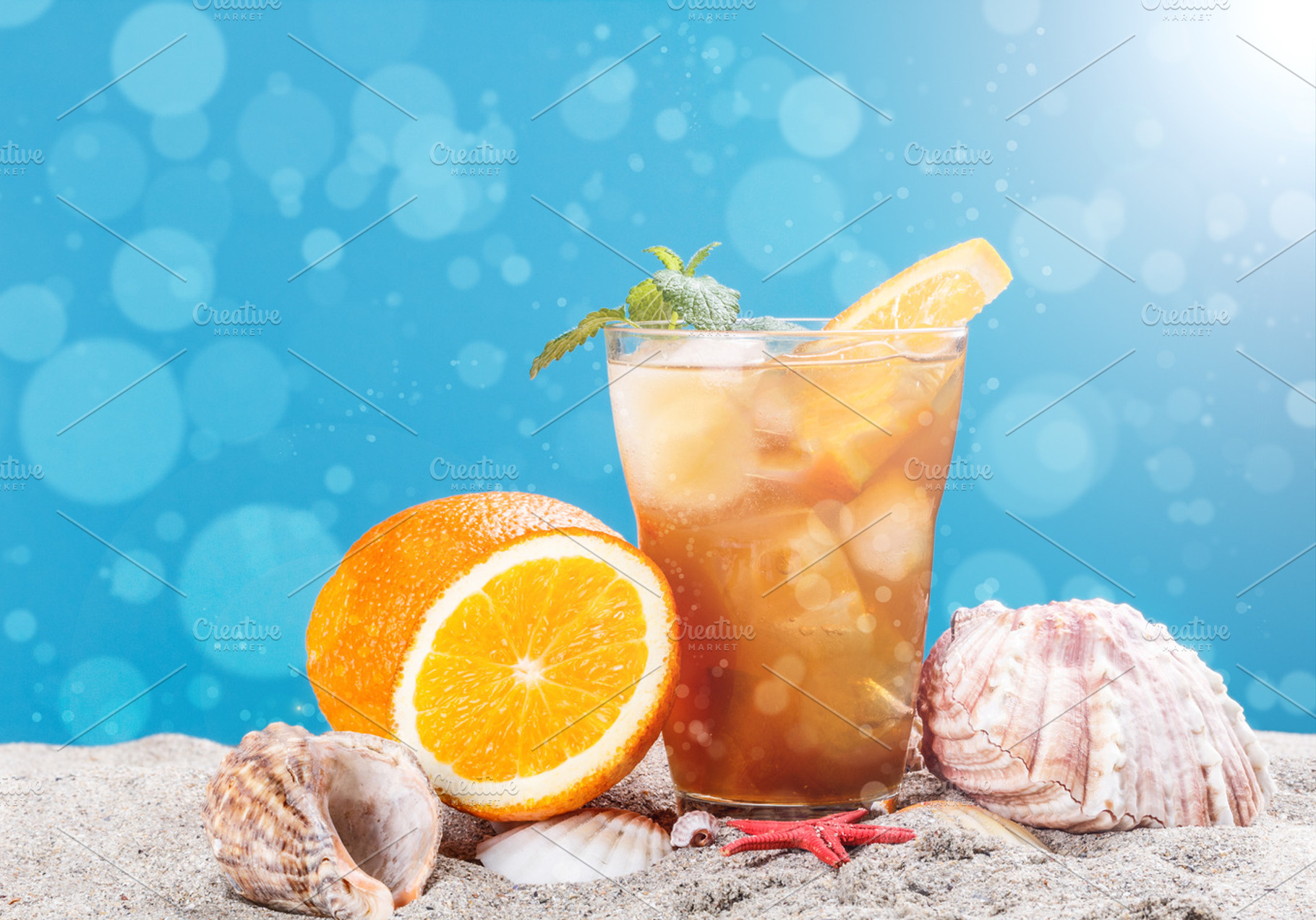 Cold tea stock photo containing background and beach