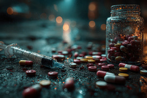 Syringe Pills and Jar on Wet Surface, a Photo by Pixeness Studio